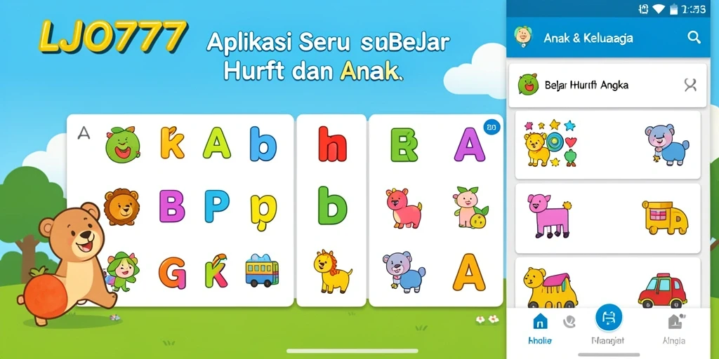 Tampilan antarmuka LJO777 yang ceria dan menarik untuk belajar huruf dan angka.