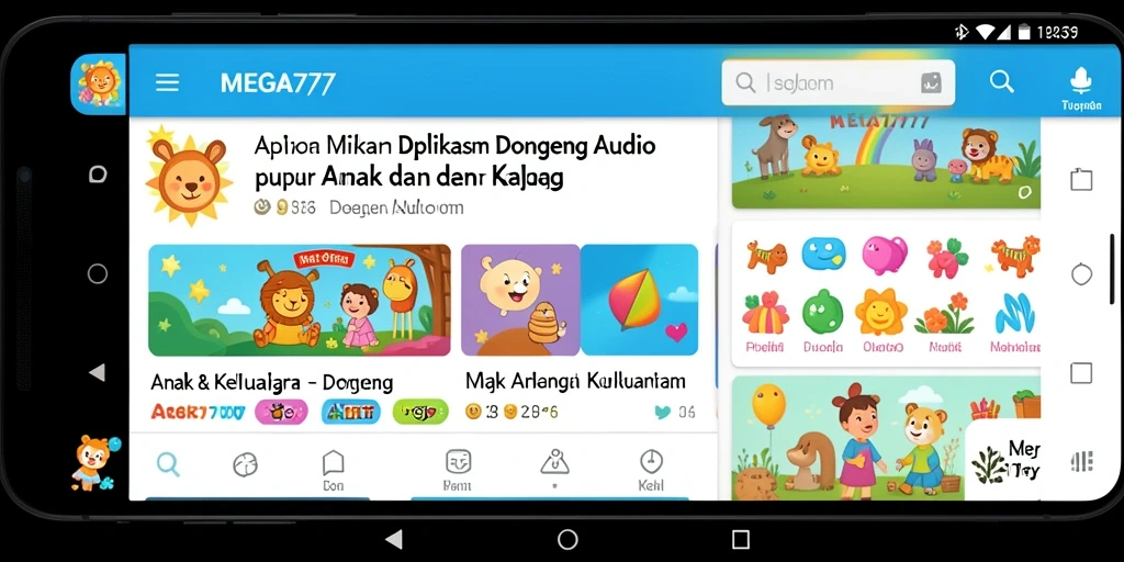 Antarmuka aplikasi MEGA777 yang menarik dan mudah dipakai untuk mendengarkan dongeng.